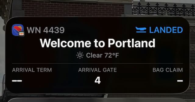 A screenshot of an airline status widget, saying "welcome to Portland, Maine"